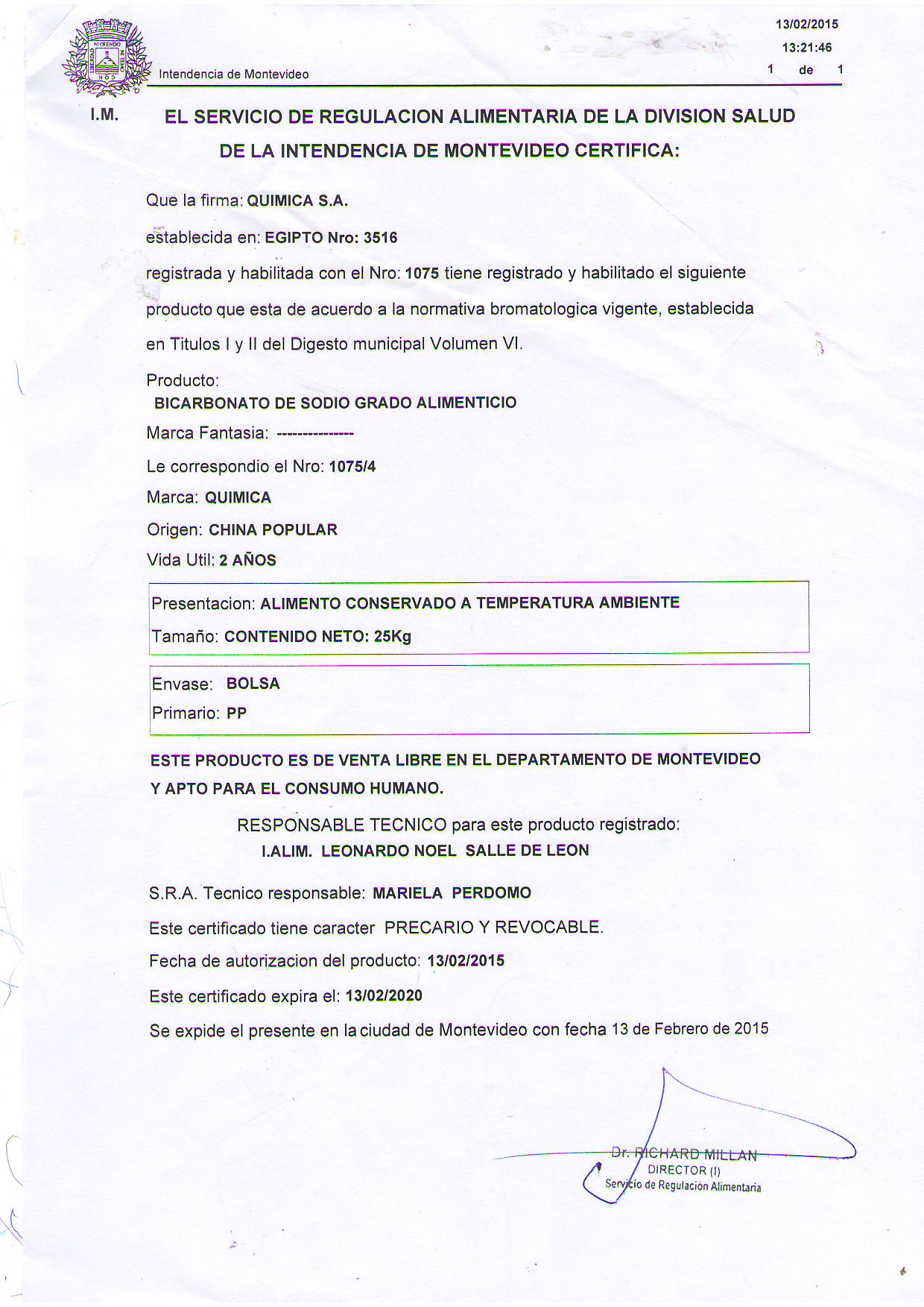BICARBONATO DE SODIO Química SA BICARBONATO DE SODIO Química SA