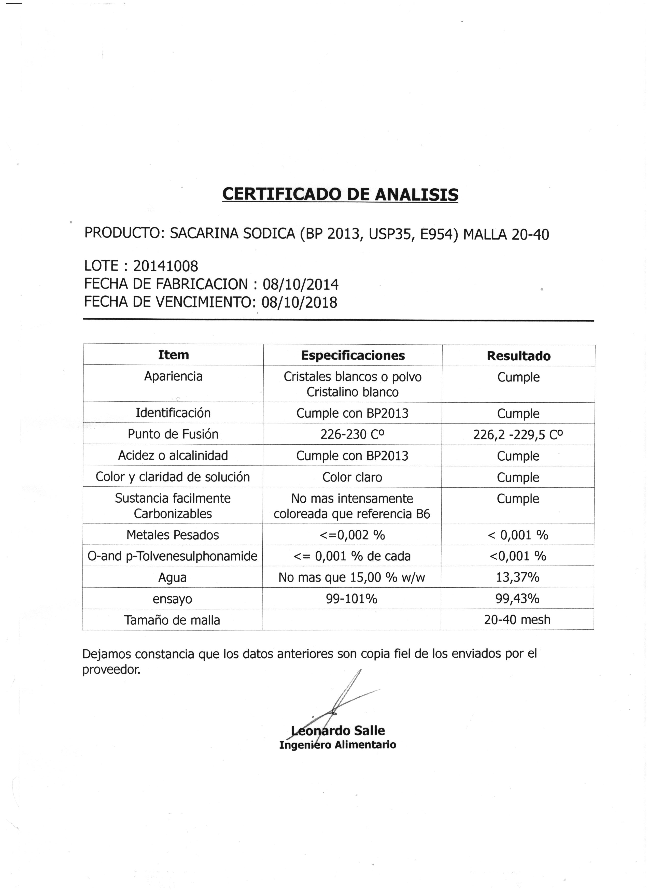 Sacarina Sodica Quimica Sa