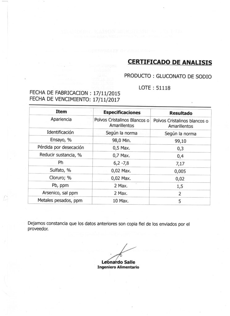 GLUCONATO DE SODIO Química SA GLUCONATO DE SODIO Química SA